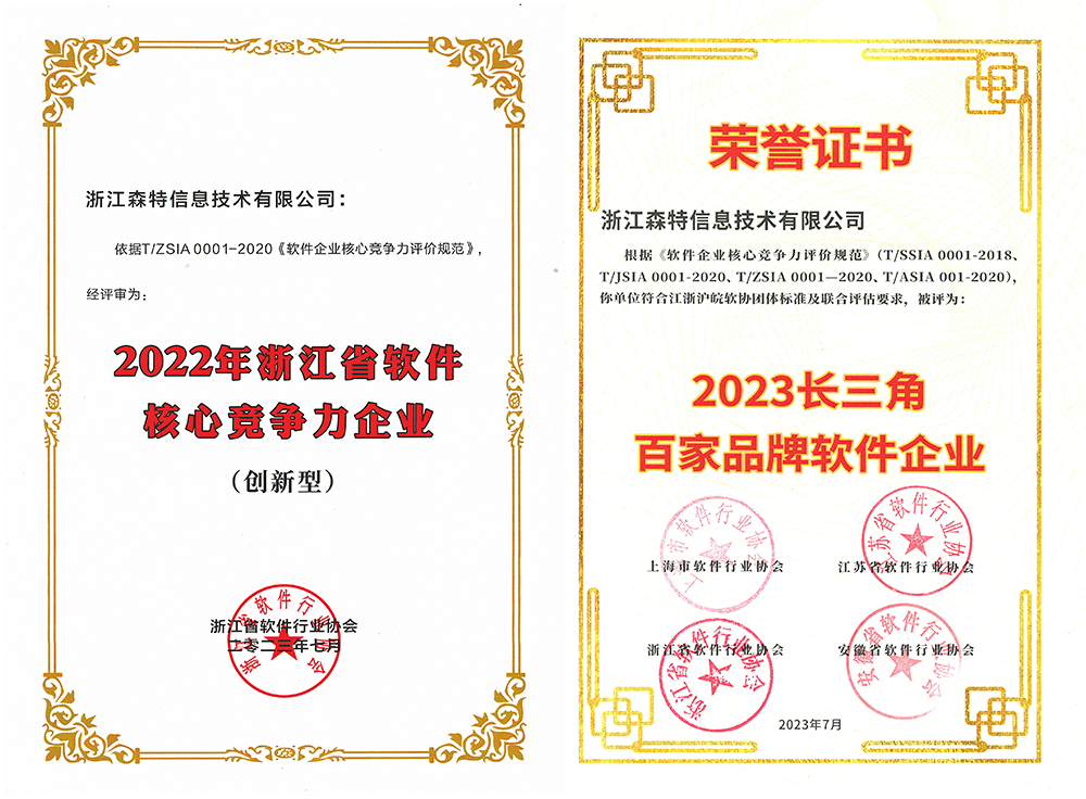 1929cc威尼斯云农全资子公司——浙江森特获评“长三角百家品牌软件企业”、“浙江省软件企业核心竞争力（创新型）”企业！